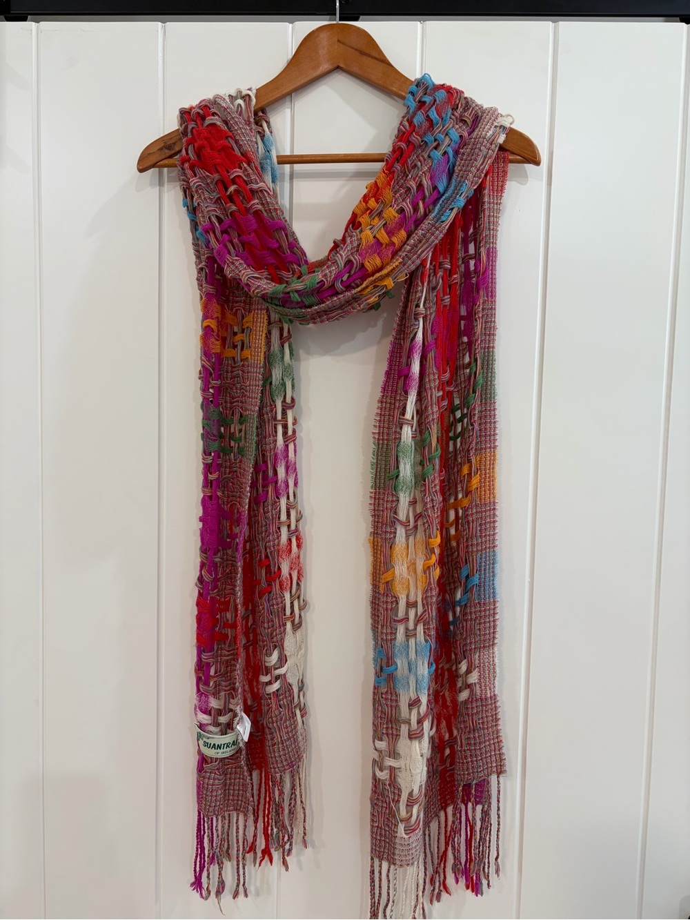 Multicolor Open-Weave Fringe Scarf by Suantri of Ireland
